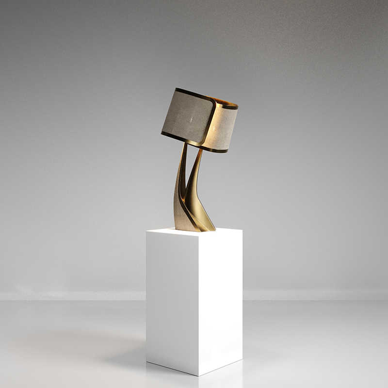 Postmodern Gray Leather Table Lamp, Custom Minimalist Designer Sculptural Light, Retro Art Deco Handmade Accent Lighting for Living Room/Office
