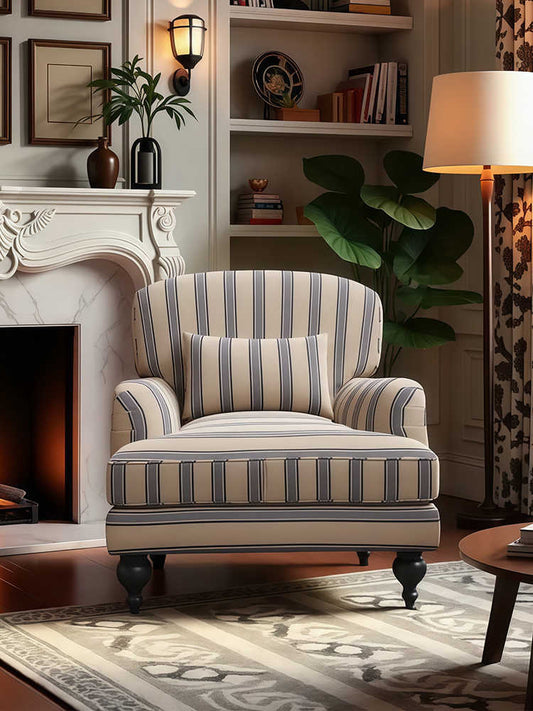 Vintage Blue-White Striped Armchair – Designer Retro Single Sofa for Living Room, Bedroom, Balcony and Study