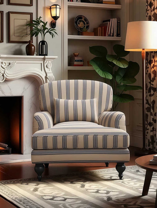 Vintage Blue-White Striped Armchair – Retro Single Sofa for Living Room, Study, Balcony, Bedroom, and Homestay