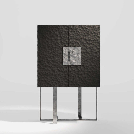 Italian Luxury Bar Cabinet with Dimensional Textured Panels, Modern Silver Ash Wood Storage Cabinet with Chrome X-Base, Designer Sideboard