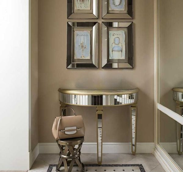 Light Luxury Mirrored Semi-Circle Console Table – Art Deco Solid Wood Entryway Cabinet, Corridor Hallway Display