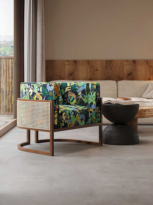 Modern Rattan Accent Chair, Vintage Single Sofa with Solid Wood Frame, Boho Botanical Upholstery, Lounge Armchair for Living Room, Balcony, Hotel, Reading Nook