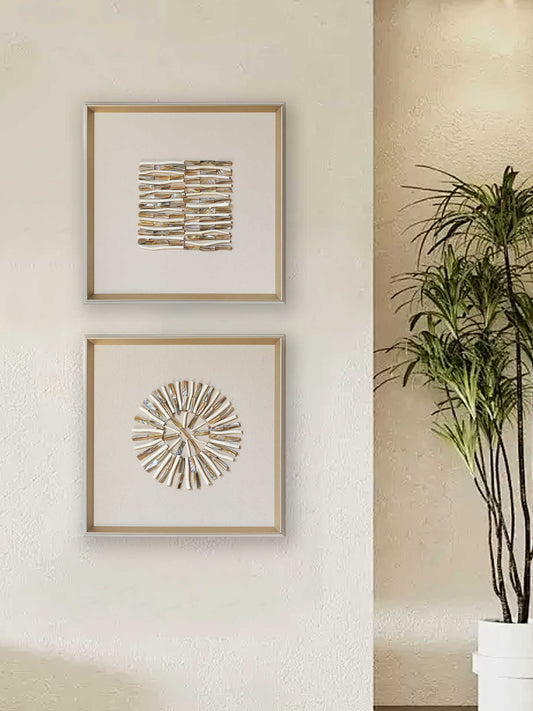 Modern Wall Art Set, Square Abstract Gold-Framed Dual Artwork for Entryway, Living Room & Designer Interiors