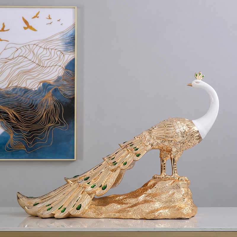 Grand Luxury Rose Gold Peacock Sculpture – Large Resin Art Figurine for Living Room, Entryway, or TV Cabinet