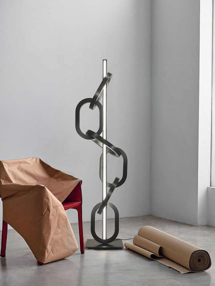 Designer Black Chain Ring Sculpture Floor Lamp, Modern Creative Sand Black Stainless Steel Lighting for Showroom/Living Room/Luxury Decor