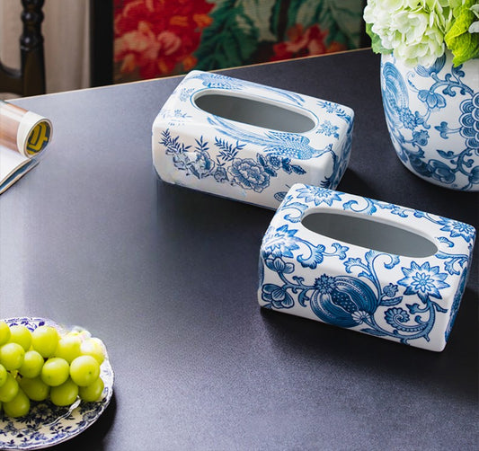 Blue and White Porcelain Tissue Box Set of 2, Ceramic Decorative Napkin Holder for Living Room, Coffee Table, Dining Desk, Floral & Bird Design Set