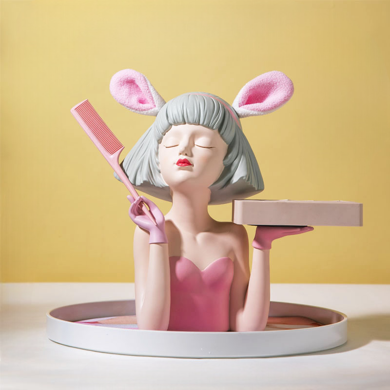 Luxury Pink Ears Girl Figurine Makeup Organizer, Modern Vanity Tray Storage Display for Lipsticks, Perfume & Accessories, Cute Bedroom Decor