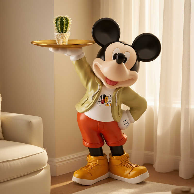 Life-Size Mickey Mouse Server Statue with Golden Tray, Disney Character Floor Figurine with Functional Display Surface, Premium Living Room Decor