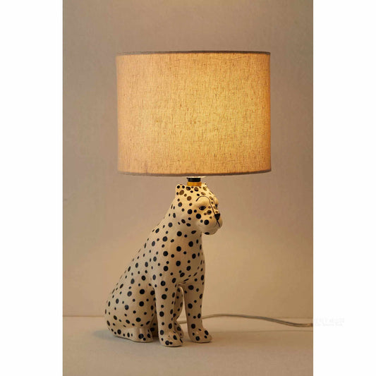 NYC Downtown Park Inspired Spotted Leopard Ceramic Table Lamp, Whimsical Children's Nursery Animal Lamp with Linen Shade, Snow Leopard Design