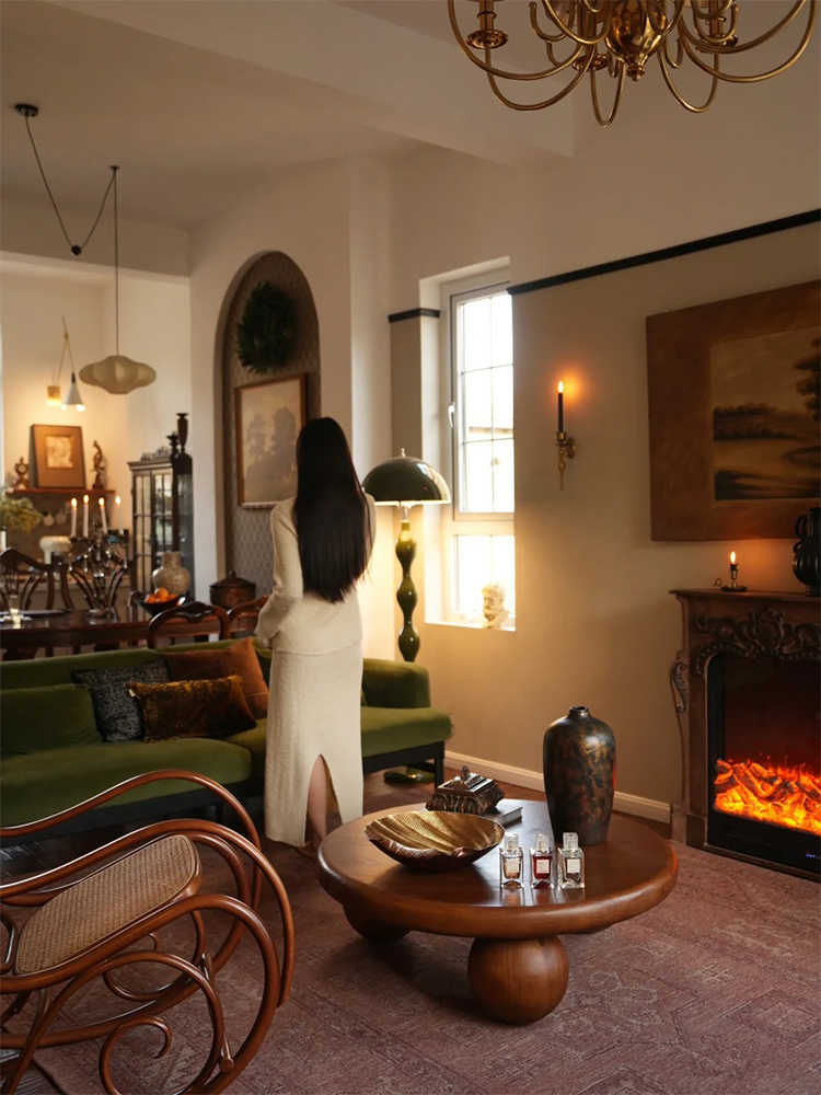 Vintage Solid Wood Ball Coffee Table, Deep Walnut Round Low Table for Living Room