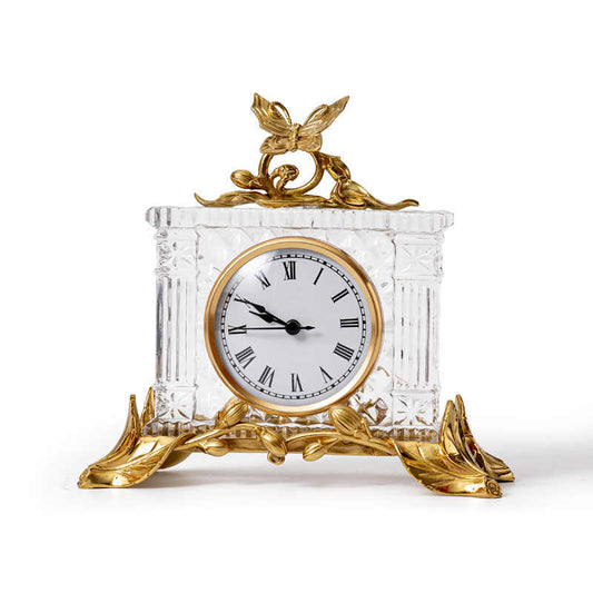 Elegant Crystal Glass Mantel Clock with Roman Numerals, Gold Leaf Accent, Vintage Style Decorative Table Clock