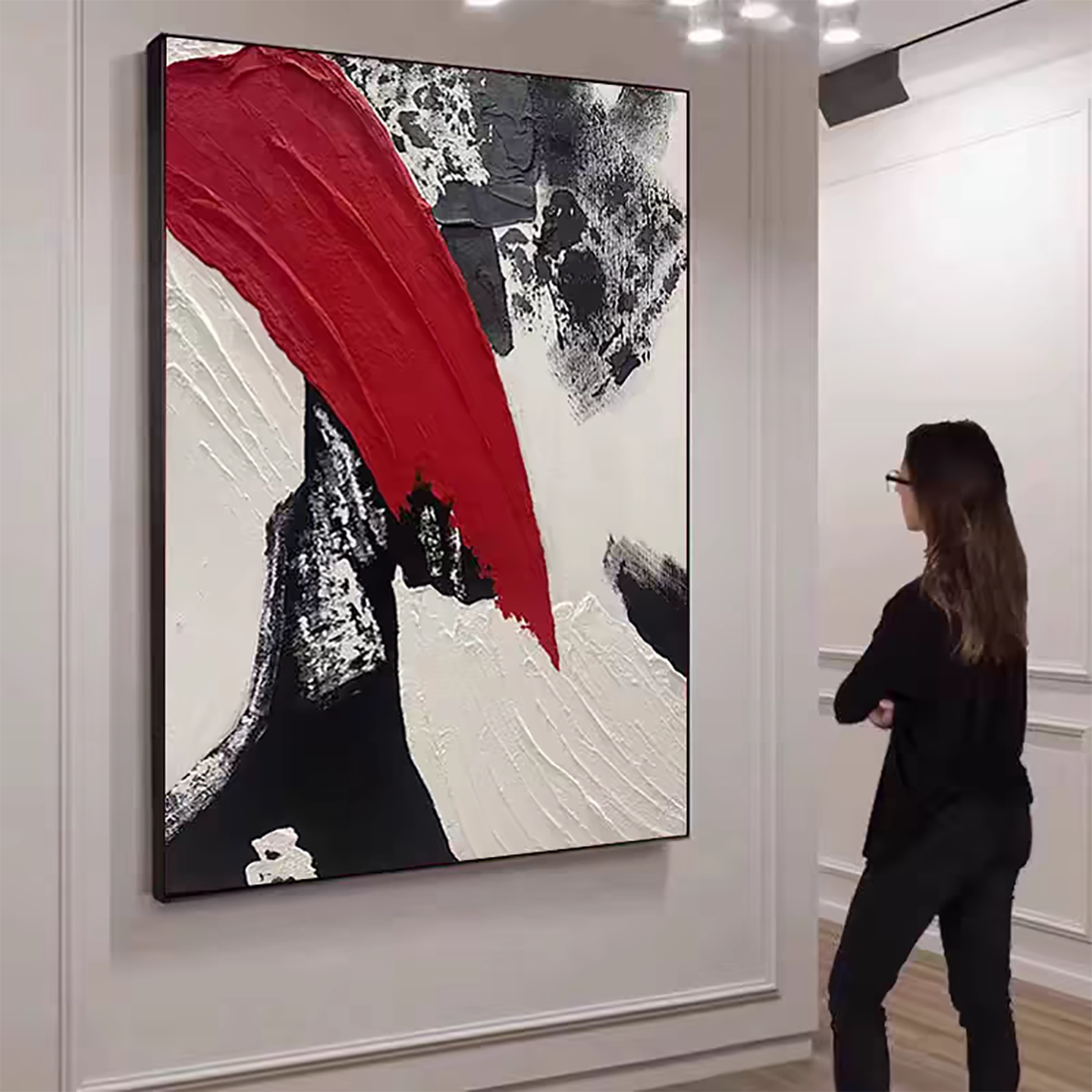 Large Abstract Hand-Painted Oil Painting, “Soaring Fortune” Modern Textured Art for Living Room, Entryway, or Restaurant, Black Aluminum Frame