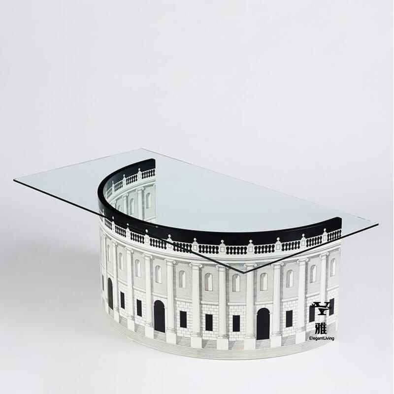 Italian Luxury Architectural Glass Coffee Table – Hand-Painted Neoclassical Palace Base with Tempered Glass Top, Designer Statement Furniture