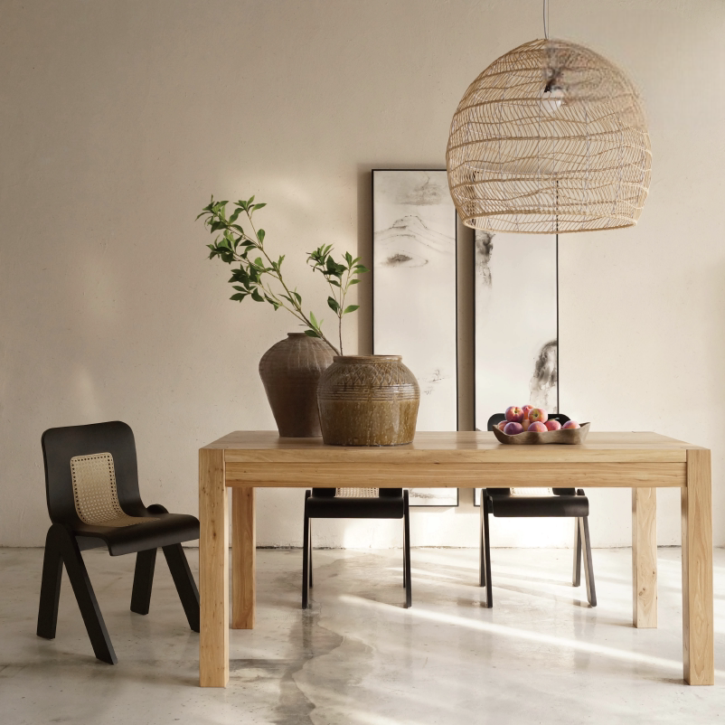 Vintage Curved Back Solid Wood Dining Chair with Rattan Woven Seat, Mid-Century Accent Chair for Home Study and Living Room