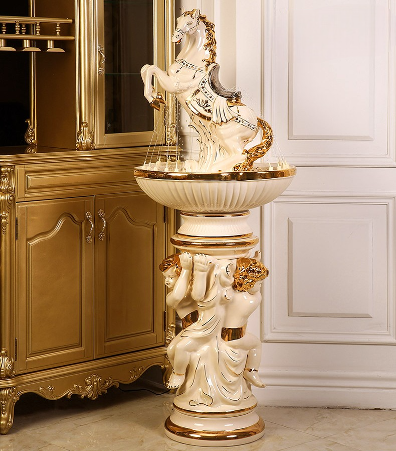 Oversized Ceramic Galloping Horse Fountain – Luxury Style Indoor Floor Water Feature, Living Room & Hotel Entryway Statement Decor