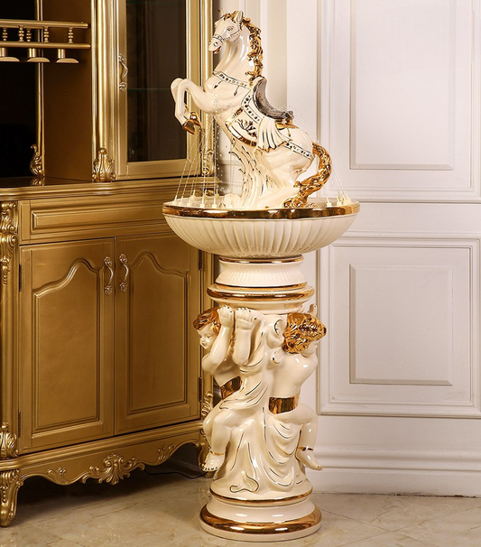 Oversized Ceramic Galloping Horse Fountain – Luxury Style Indoor Floor Water Feature, Living Room & Hotel Entryway Statement Decor