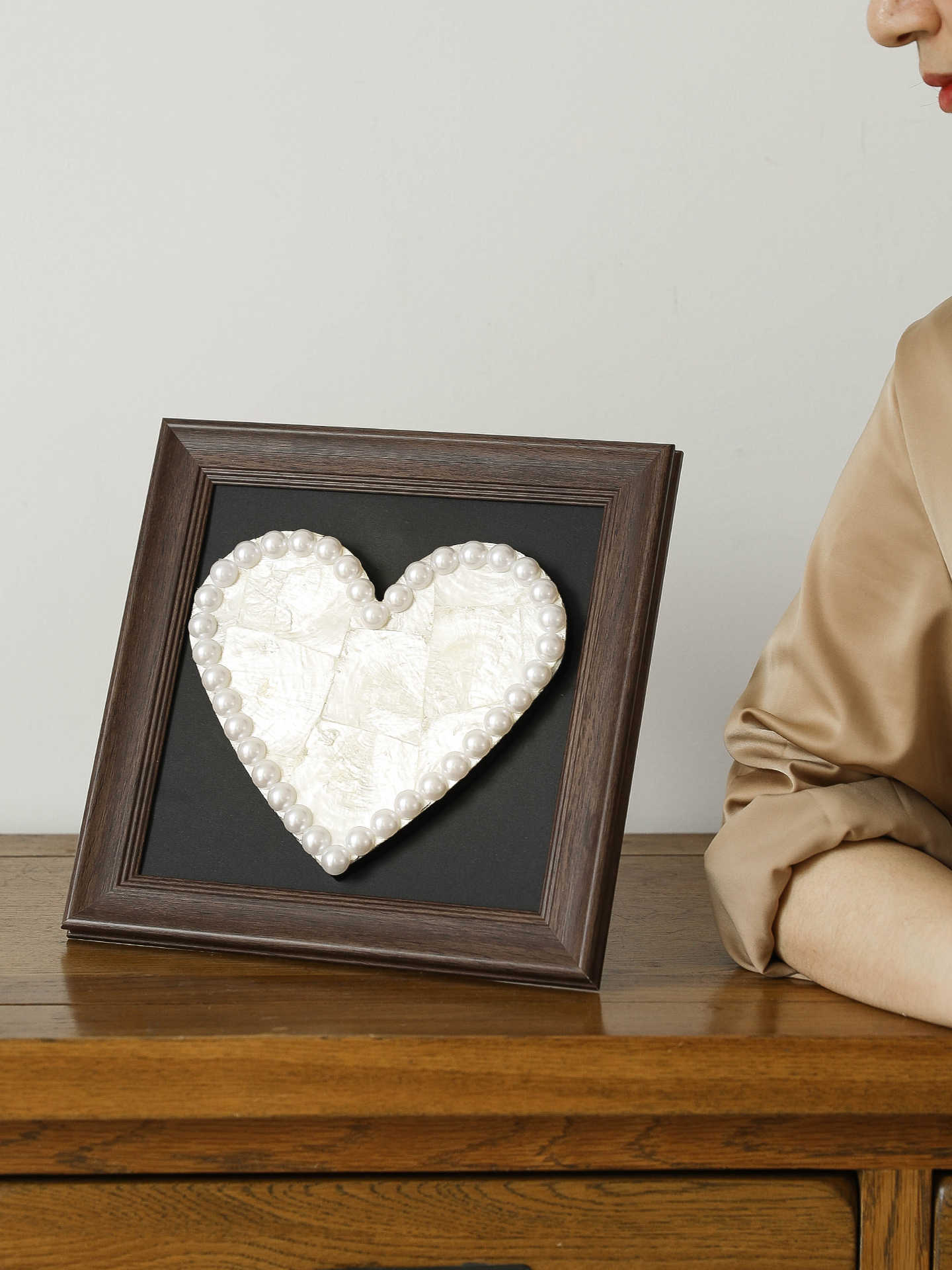 Luxury Pearl Heart Decorative Art, Square Eco Resin Frame Tabletop or Wall Accent for Living Room & Bedroom