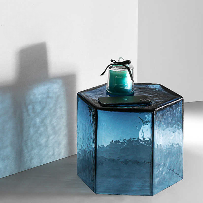 Modern Resin Gradient Hexagon Side Table, Artistic Blue Transparent Pedestal Accent, Fully Assembled