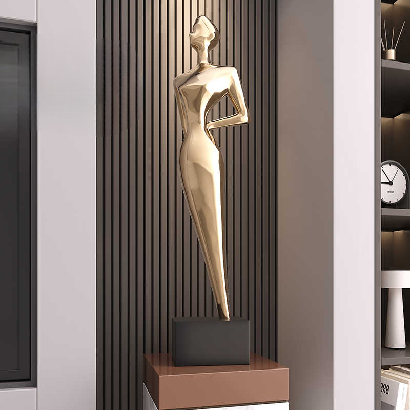 Modern Minimalist Gold Lady Sculpture, Tall Luxury Metallic Decor for Entryway, Living Room, or Office, Contemporary Style