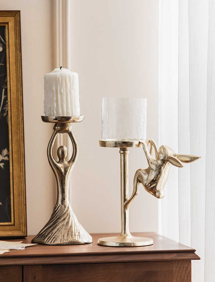 Gold Glass Candle Holder Set – Dancing Girl and Rabbit Design, Romantic Luxury Hotel, Dinner, and Event Table Decor