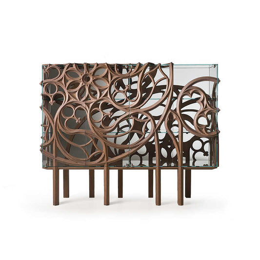 Vintage Carved Wood Sideboard, Modern Minimalist Glass Cabinet for Living Room, Designer Dining Storage Console