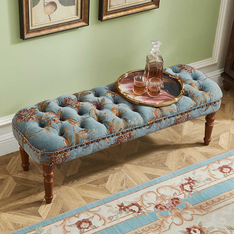 American Tufted Floral Bench with Turned Wood Legs, European Style Upholstered Ottoman for Bedroom & Entryway