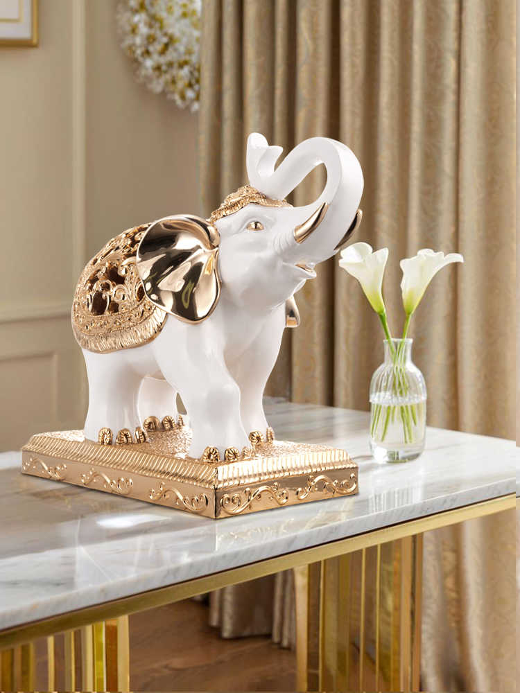 Elegant White and Gold Elephant Figurine – Large Resin Decorative Statue for Living Room, Entryway, or TV Stand Gift