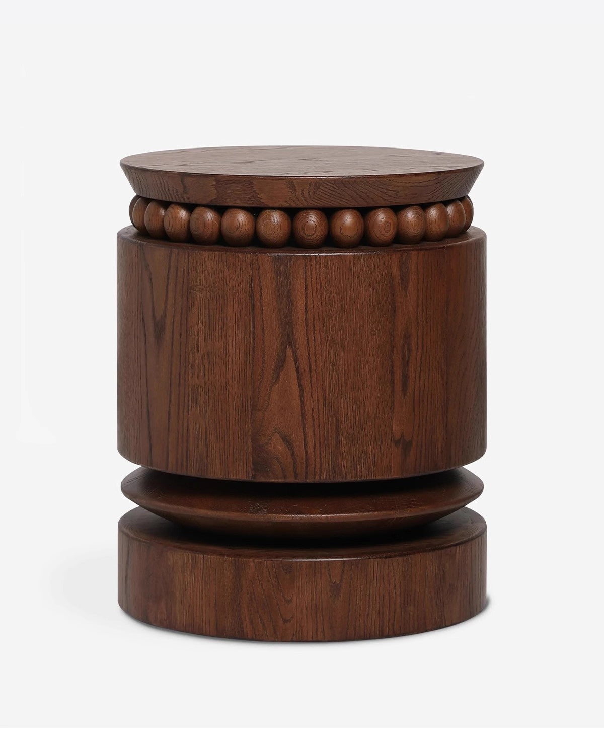 Vintage Solid Wood Accent Side Table, Coco Smoked Brown, Designer Bead Round Stool/End Table