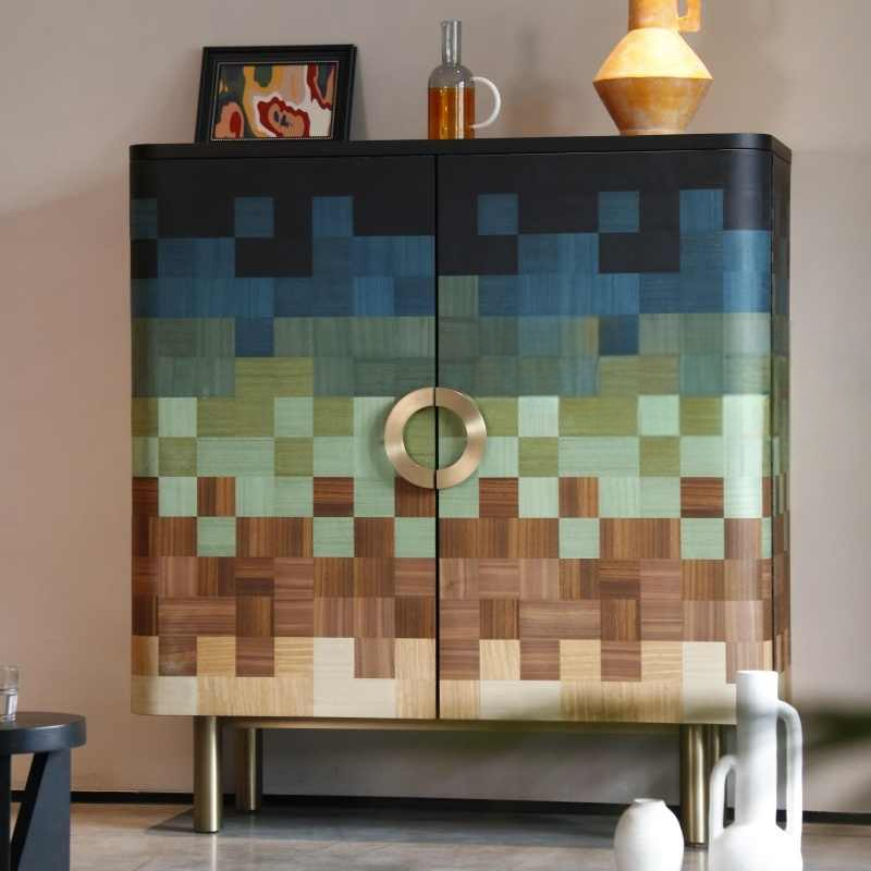 Vintage Mosaic Designer Cabinet – Retro Painted Entryway Buffet, Artistic Storage Sideboard for Modern & High-End Homes