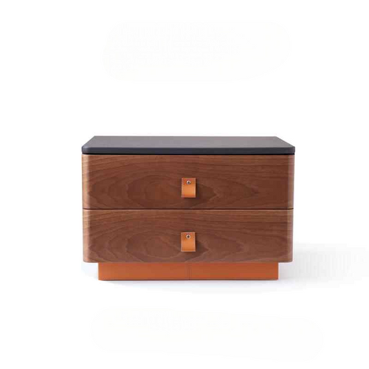 Minimalist Saddle Leather Bedside Cabinet, Luxury Walnut Wood Designer Nightstand, High-End Bedroom Side Table