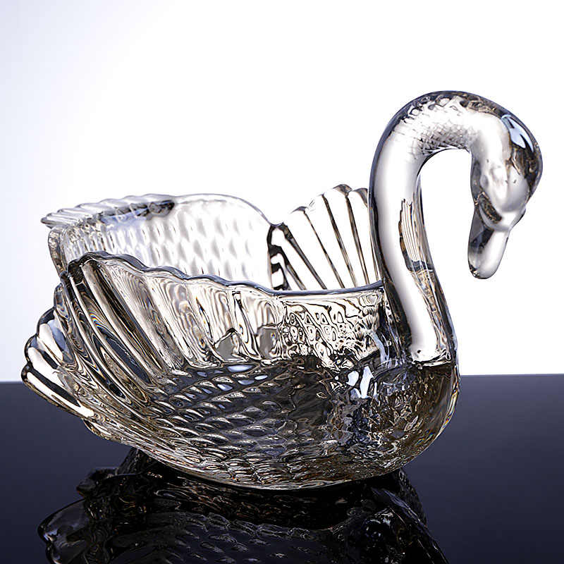 Luxury Crystal Glass Swan Fruit Bowl, Elegant Wedding Gift Serving Dish with Textured Wing Design, Clear Glass Animal Fruit Plate