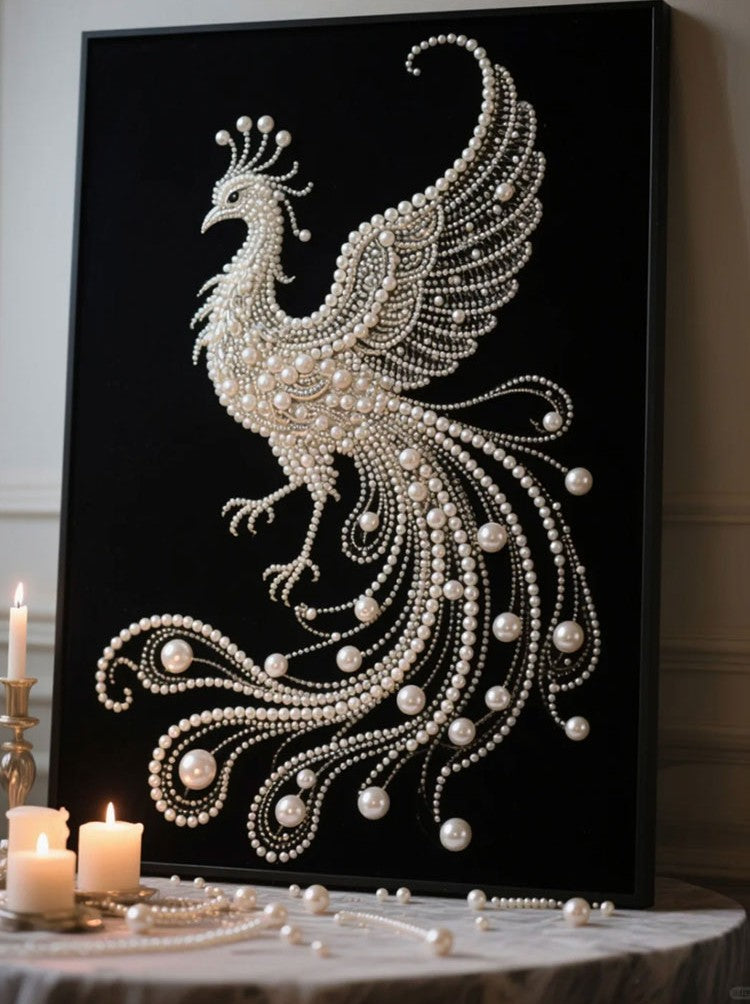Luxury Pearl Phoenix Wall Art – Modern Minimalist Living Room, Bedroom, French Corridor Decorative Painting, Handmade Matte Micro-Spray with Black Aluminum Frame
