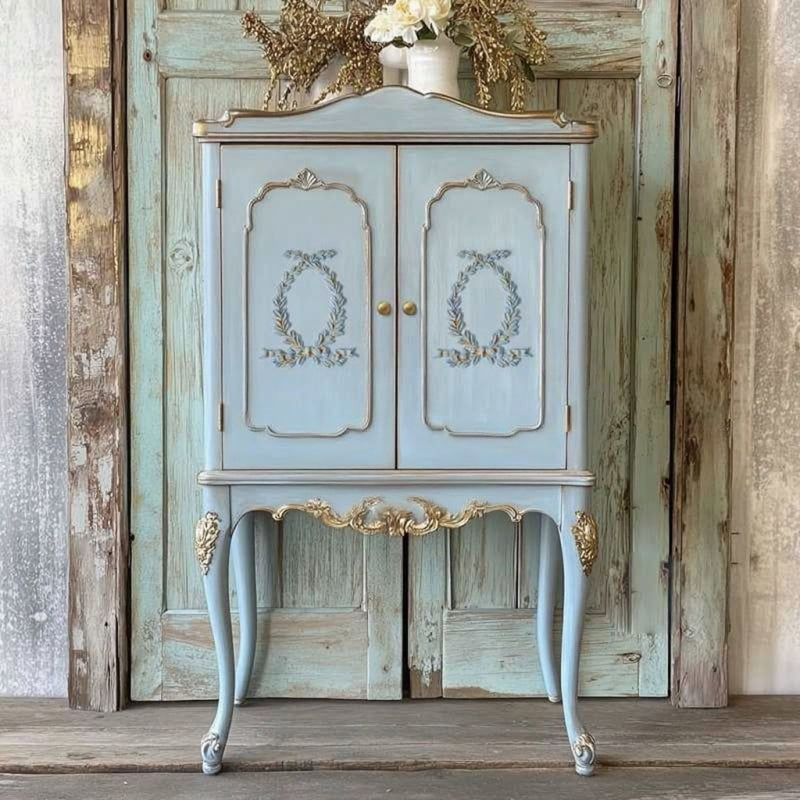 Antique Painted Solid Wood Sideboard Cabinet – Blue & Gold Ornate Carved Double-Door Storage High Cabinet