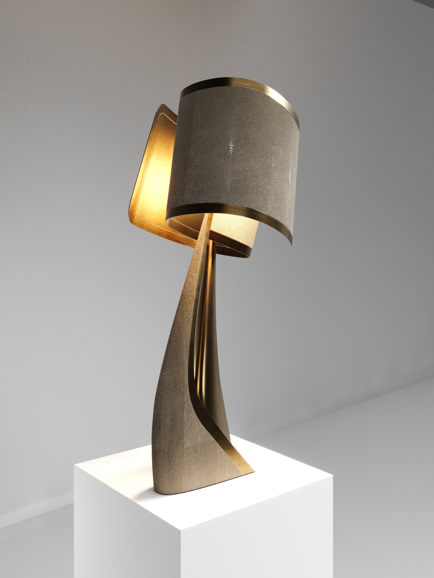 Postmodern Gray Leather Table Lamp, Custom Minimalist Designer Sculptural Light, Retro Art Deco Handmade Accent Lighting for Living Room/Office