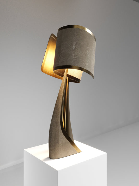 Postmodern Gray Leather Table Lamp, Custom Minimalist Designer Sculptural Light, Retro Art Deco Handmade Accent Lighting for Living Room/Office