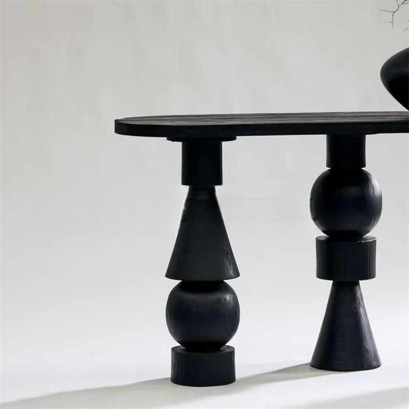 Vintage Solid Wood Sculptural Black Console Table, Modern Designer Entryway Table, Minimalist Artistic Foyer Sofa Back Accent