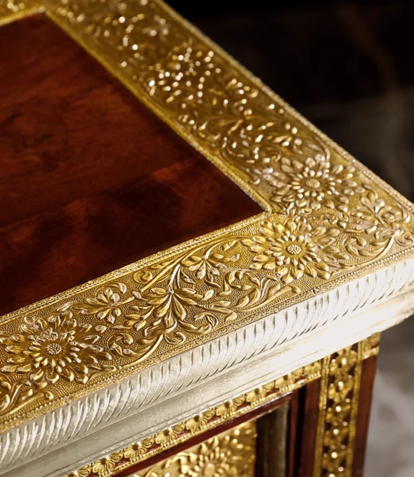 Indian Brass-Inlaid Rosewood Storage Cabinet with Moorish Arched Doors, Handcrafted Console with Intricate Metal Work & Traditional Jali Panels