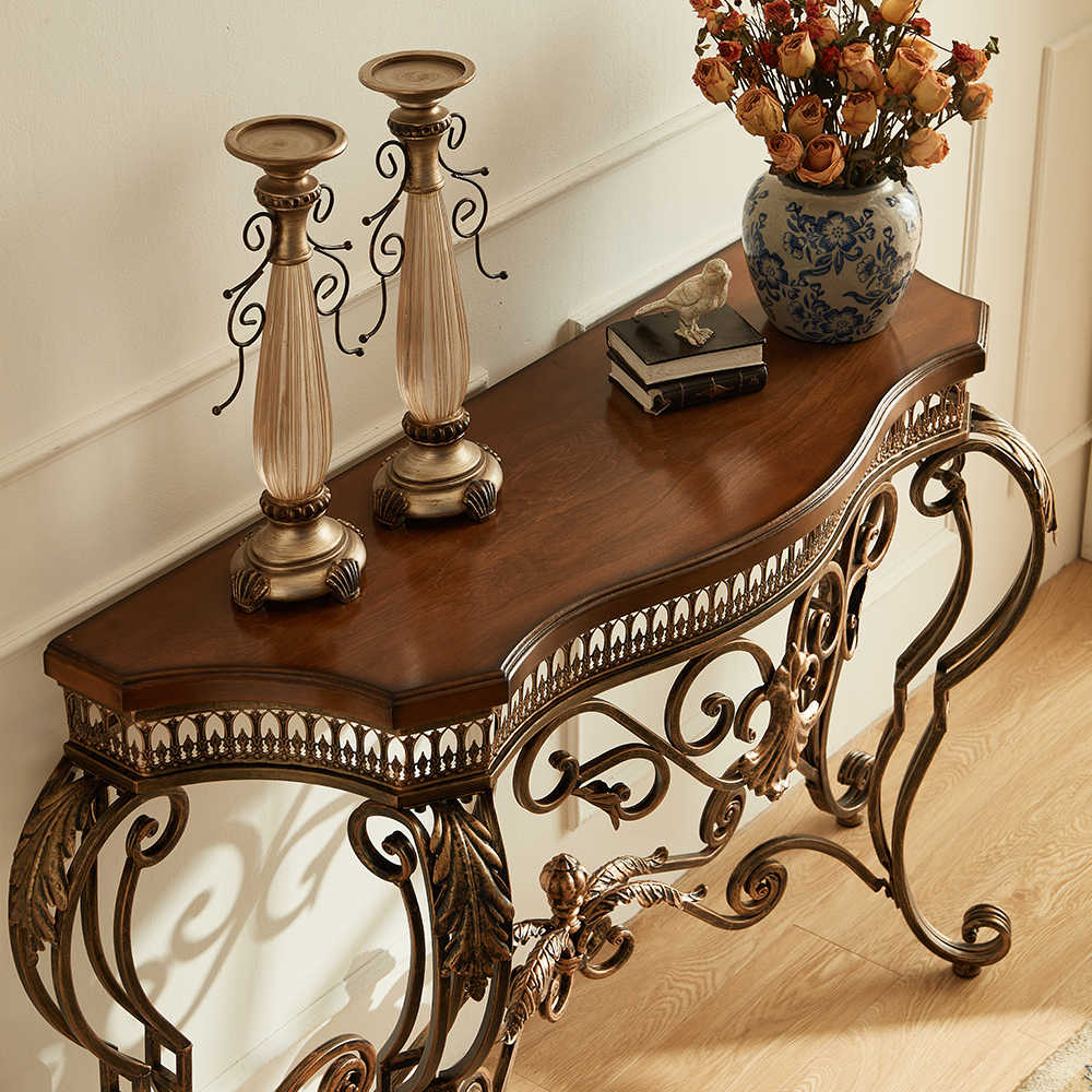Vintage Entryway Console Table – Ornate Wrought Iron & Wood Foyer Table, Classic Half-Moon Accent