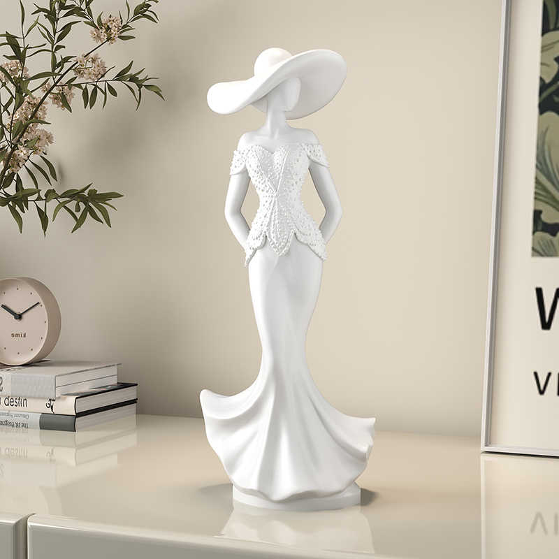 Modern Elegant Woman Sculpture White Resin Figurine, Luxury Fashion Lady Art Decor for Living Room, Entryway, and Wine Cabinet Display