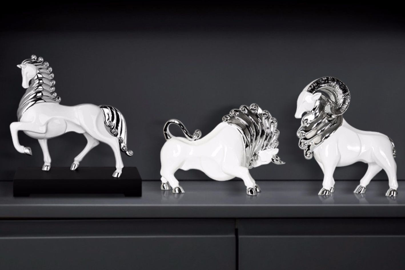 Zodiac Animal Figurine Set – Silver Resin Horse, Ram, and Bull Decorative Sculptures for Home, Entryway, or Office Décor