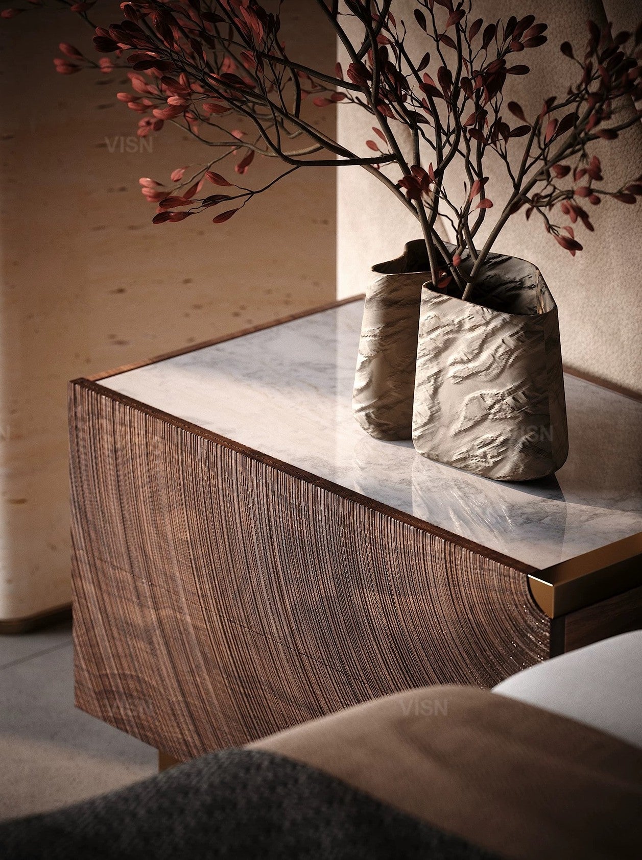 Luxury Ripple Pattern Walnut Bedside Table – Modern Designer Nightstand with White Marble Top, Hand-Carved Artistic Bedroom Accent