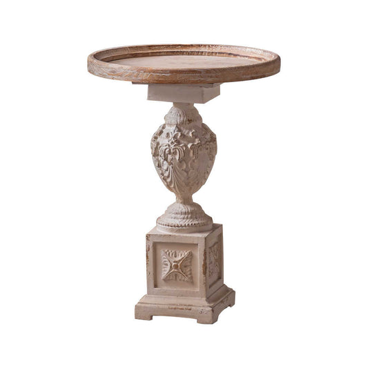 Vintage White Round Side Table, Carved Coffee End Table, Retro Pedestal Accent Table for Living Room, Dining Room, Café