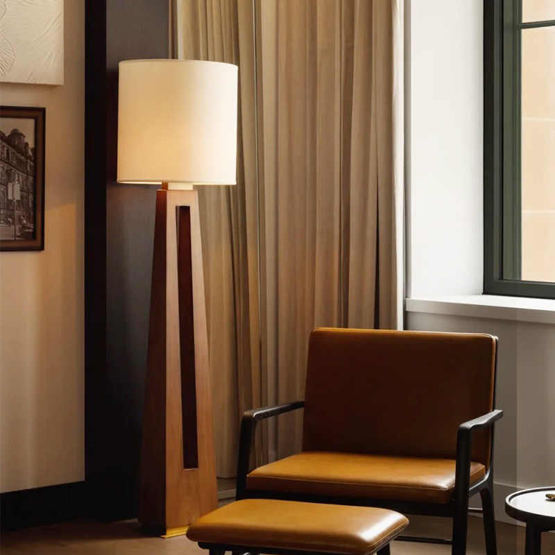 Walnut Wood LED Floor Lamp with Drum Linen Shade, Modern Ambient Standing Lamp, Minimalist Tall Light Fixture for Living Room, Bedroom, Study, Meditation Room