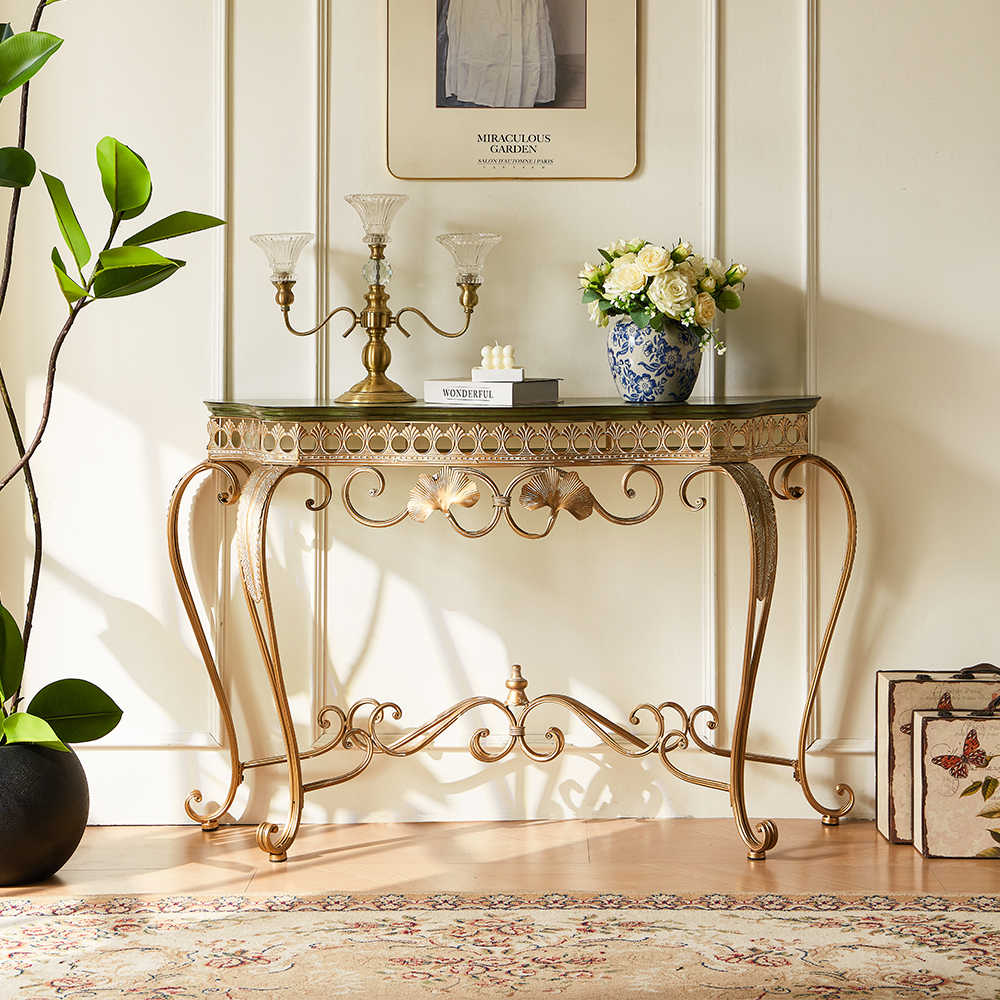 Vintage Country Console Table – Ornate Gold Metal Entryway Hall Table with Curved Legs and Art Deco Storage