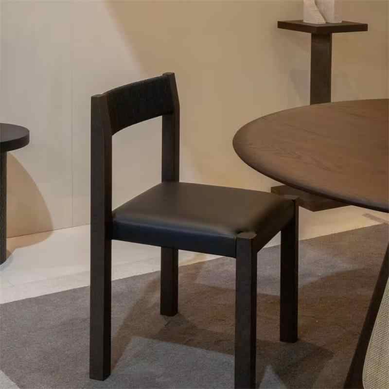 Solid Ash Wood Dining Chair, Minimalist Black Designer Chair with Leather Seat, Modern Retro Accent for Small Dining Spaces
