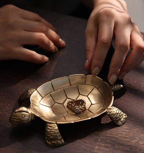 Handcrafted Brass Turtle Jewelry Tray, Indian Imported Gold Storage Dish for Trinkets, Decorative Bowl for Living Room & Dressing Table