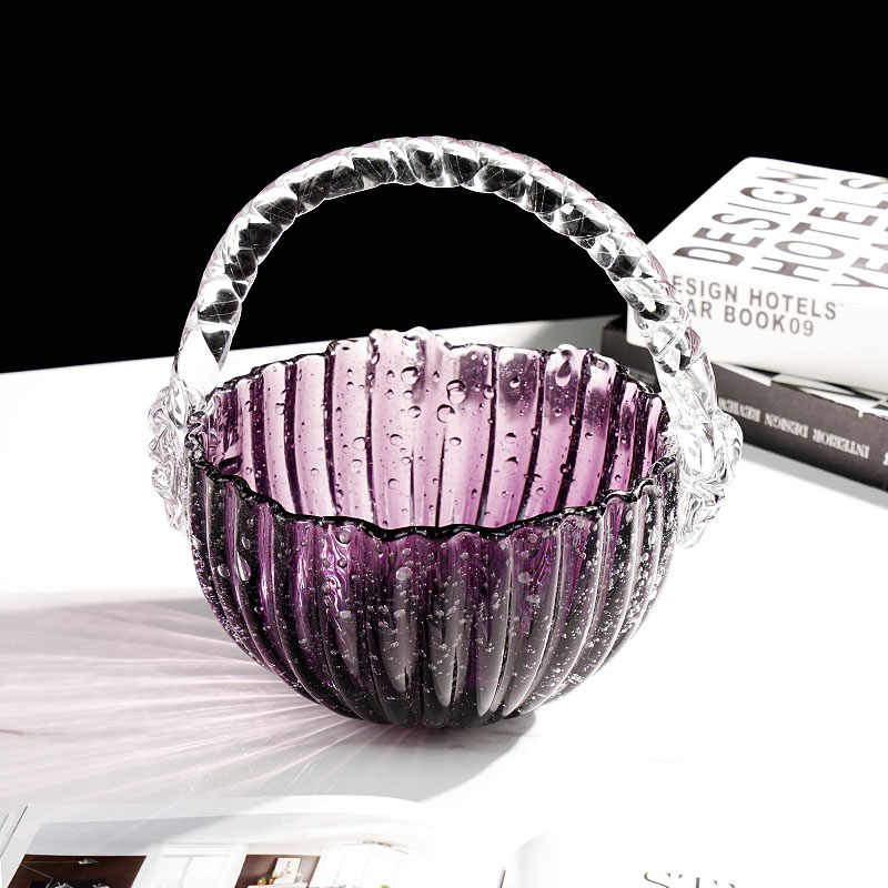 Creative Purple Bubble Glass Fruit Basket with Handle, Luxury Ribbed Crystal Serving Bowl for Living Room Storage, Decorative Art Craft Piece