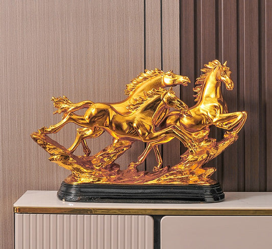 Gold Galloping Horse Trio Sculpture – Luxury Home Decor Figurine, Resin Tabletop Ornament for Living Room, Office, Hotel, Housewarming Gift