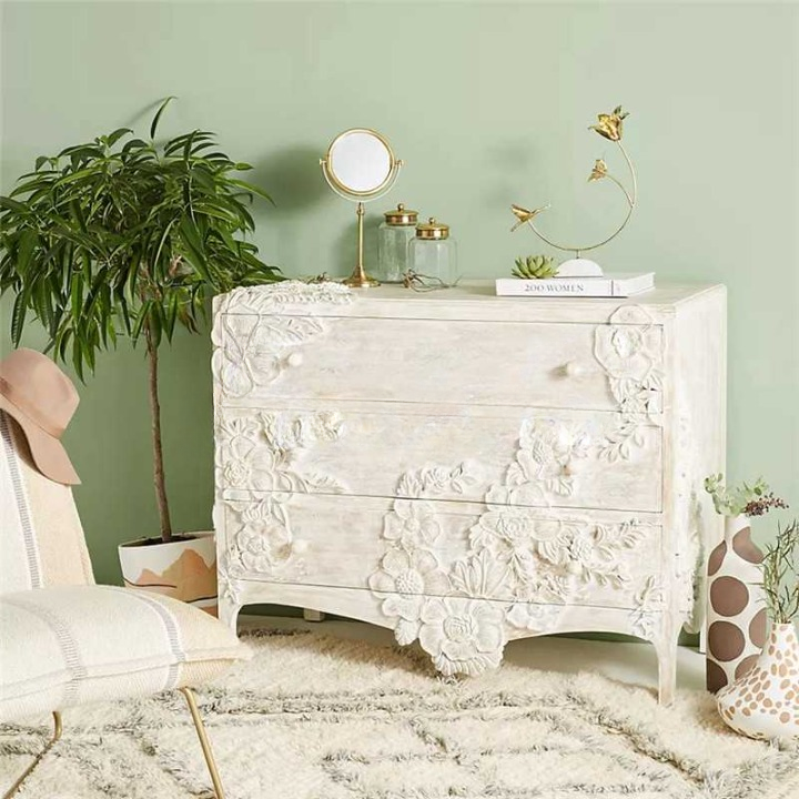 Carved White Solid Wood Dresser – 3-Drawer Floral Chest, Luxury Entryway Cabinet for Modern Vintage Foyer