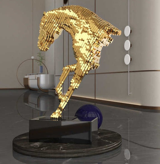 Modern Gold Pixel Horse Head Sculpture, Large Floor Standing Art Decor for Hotel Lobby, Villa & Showroom, Luxury Statement Piece